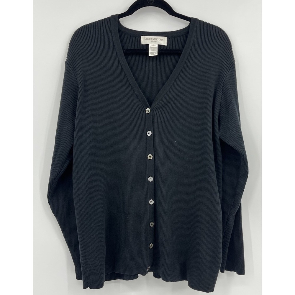 Vintage Jones New York Sport V-Neck Cardigan Sweater 1X Cotton‎ Ribbed Knit Y2K